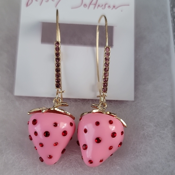 Betsey Johnson Pink and Gold Strawberry Dangle Earrings - Picture 3 of 6